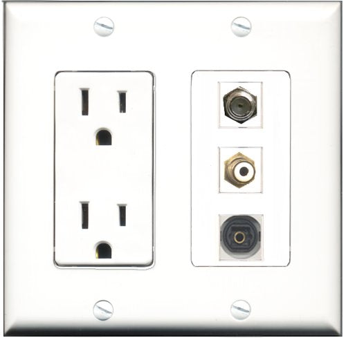 RiteAV - 15 Amp Power Outlet 1 Port RCA White 1 Port Coax 1 Port Toslink Decorative Wall Plate