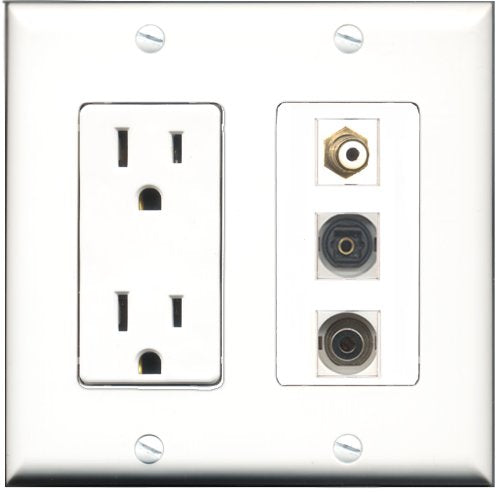 RiteAV - 15 Amp Power Outlet 1 Port RCA White 1 Port Toslink 1 Port 3.5mm Decorative Wall Plate