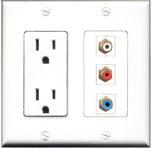 RiteAV - 15 Amp Power Outlet 1 Port RCA Red 1 Port RCA White 1 Port RCA Blue Decorative Wall Plate