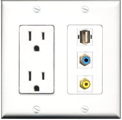 RiteAV - 15 Amp Power Outlet 1 Port RCA Yellow 1 Port RCA Blue 1 Port USB A-A Decorative Wall Plate