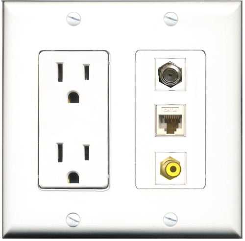 RiteAV - 15 Amp Power Outlet 1 Port RCA Yellow 1 Port Coax 1 Port Cat6 Ethernet Ethernet White Decorative Wall Plate