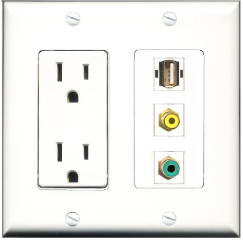 RiteAV - 15 Amp Power Outlet 1 Port RCA Yellow 1 Port RCA Green 1 Port USB A-A Decorative Wall Plate