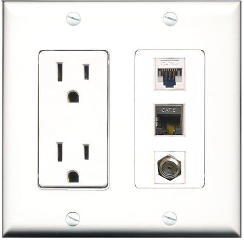 RiteAV - 15 Amp Power Outlet 1 Port Coax 1 Port Shielded Cat6 Ethernet Ethernet 1 Port Cat5e Ethernet White Decorative Wall Plate