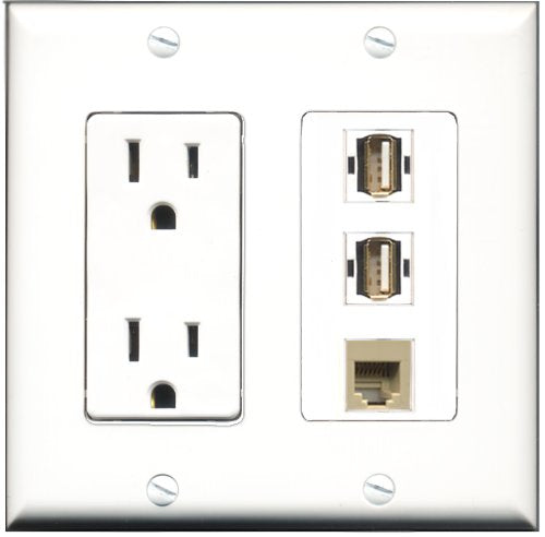 RiteAV - 15 Amp Power Outlet 2 Port USB A-A 1 Port Phone Beige Decorative Wall Plate
