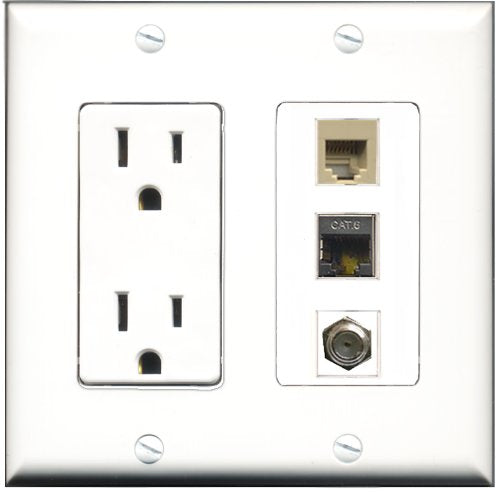 RiteAV - 15 Amp Power Outlet 1 Port Coax 1 Port Phone Beige 1 Port Shielded Cat6 Ethernet Ethernet Decorative Wall Plate