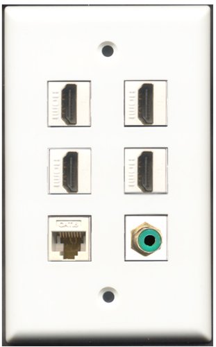 RiteAV - 4 Port HDMI 1 RCA Green 1 Cat6 Ethernet White Wall Plate