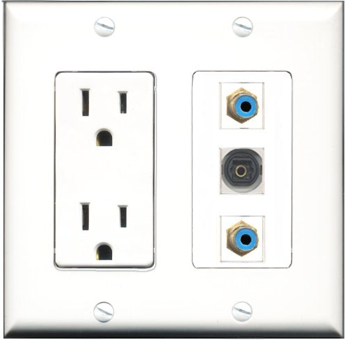 RiteAV - 15 Amp Power Outlet 2 Port RCA Blue 1 Port Toslink Decorative Wall Plate