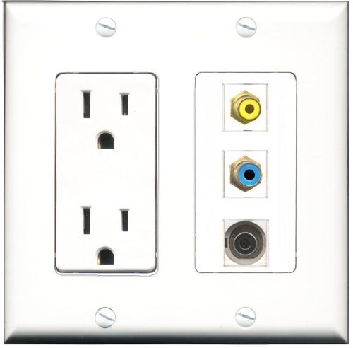 RiteAV - 15 Amp Power Outlet 1 Port RCA Yellow 1 Port RCA Blue 1 Port 3.5mm Decorative Wall Plate