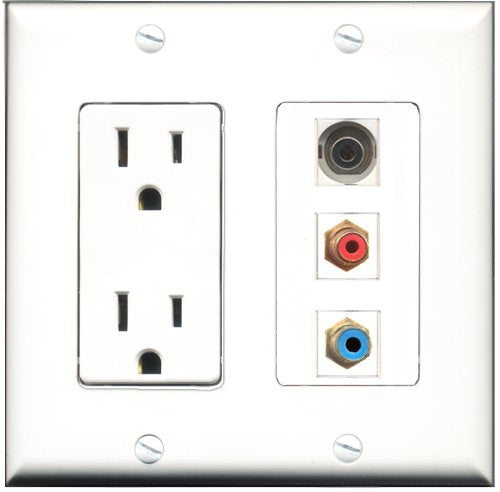 RiteAV - 15 Amp Power Outlet 1 Port RCA Red 1 Port RCA Blue 1 Port 3.5mm Decorative Wall Plate