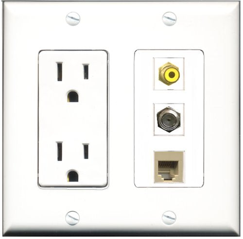 RiteAV - 15 Amp Power Outlet 1 Port RCA Yellow 1 Port Coax 1 Port Phone Beige Decorative Wall Plate