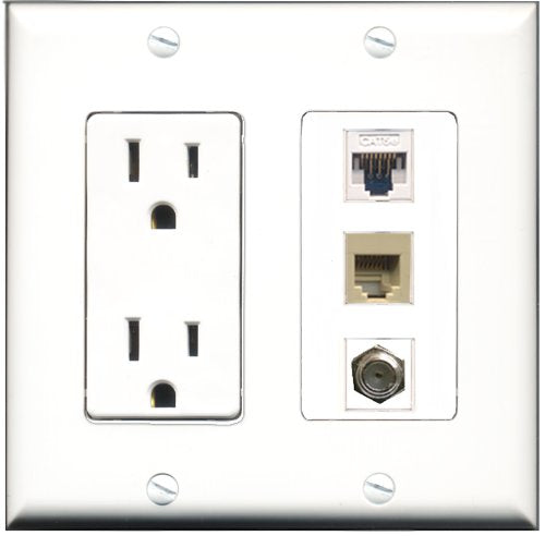 RiteAV - 15 Amp Power Outlet 1 Port Coax 1 Port Phone Beige 1 Port Cat5e Ethernet White Decorative Wall Plate