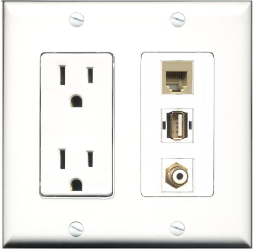 RiteAV - 15 Amp Power Outlet 1 Port RCA White 1 Port USB A-A 1 Port Phone Beige Decorative Wall Plate