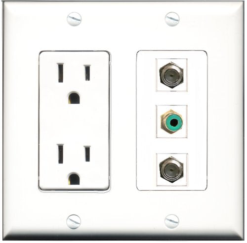 RiteAV - 15 Amp Power Outlet 1 Port RCA Green 2 Port Coax Decorative Wall Plate