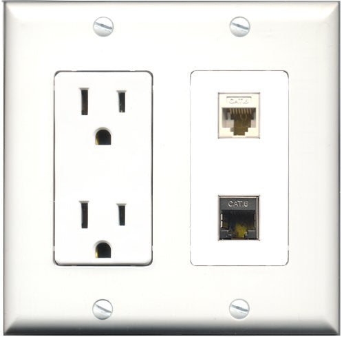 RiteAV - 15 Amp Power Outlet and 1 Port Shielded Cat6 Ethernet and 1 Port Cat6 Ethernet White Decorative Type Wall Plate White
