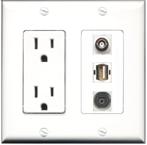 RiteAV - 15 Amp Power Outlet 1 Port USB A-A 1 Port Toslink 1 Port BNC Decorative Wall Plate