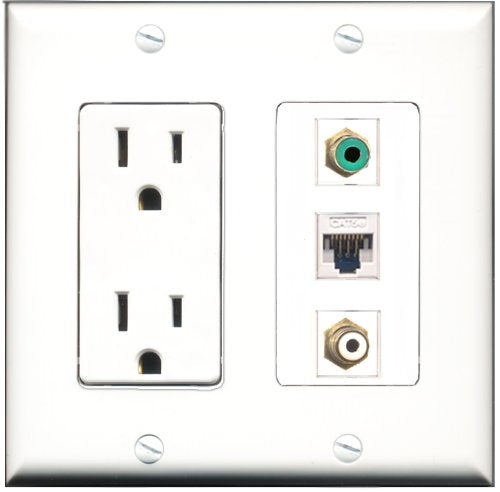 RiteAV - 15 Amp Power Outlet 1 Port RCA White 1 Port RCA Green 1 Port Cat5e Ethernet White Decorative Wall Plate