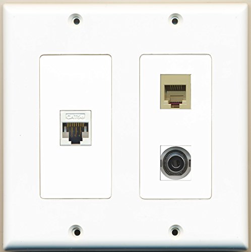 RiteAV - 1 Port Phone RJ11 RJ12 Beige 1 Port 3.5mm 1 Port Cat5e Ethernet White - 2 Gang Wall Plate