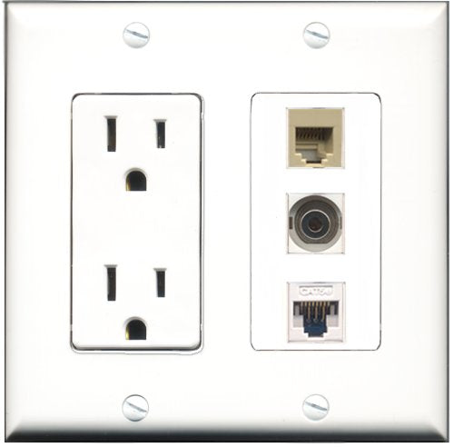 RiteAV - 15 Amp Power Outlet 1 Port Phone Beige 1 Port 3.5mm 1 Port Cat5e Ethernet White Decorative Wall Plate