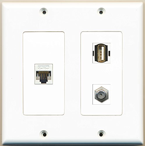 RiteAV - 1 Port Coax Cable TV- F-Type 1 Port USB A-A 1 Port Cat5e Ethernet White - 2 Gang Wall Plate