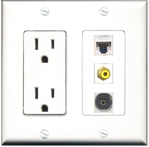 RiteAV - 15 Amp Power Outlet 1 Port RCA Yellow 1 Port Toslink 1 Port Cat5e Ethernet White Decorative Wall Plate