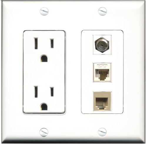 RiteAV - 15 Amp Power Outlet 1 Port Coax 1 Port Phone Beige 1 Port Cat6 Ethernet Ethernet White Decorative Wall Plate