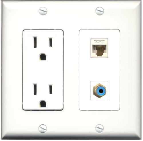 RiteAV - 15 Amp Power Outlet and 1 Port RCA Blue and 1 Port Cat6 Ethernet White Decorative Type Wall Plate White