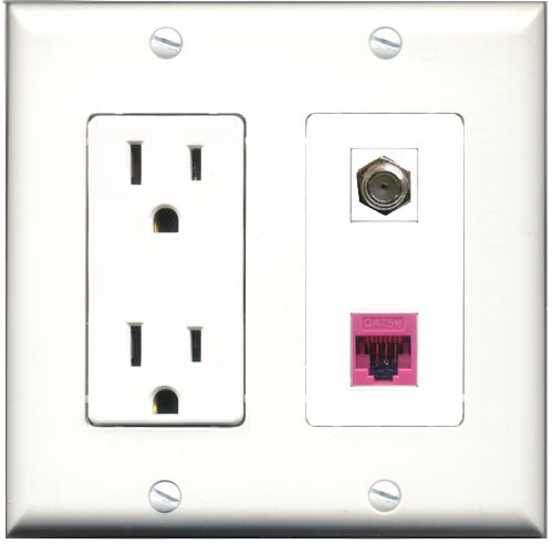 RiteAV - 15 Amp Power Outlet and 1 Port Coax Cable TV- F-Type and 1 Port Cat5e Ethernet Pink Decorative Type Wall Plate White