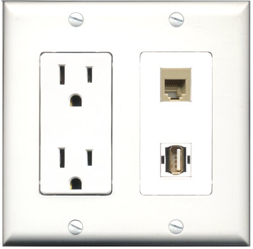 RiteAV - 15 Amp Power Outlet and 1 Port USB A-A and 1 Port Phone RJ11 RJ12 Beige Decorative Type Wall Plate White