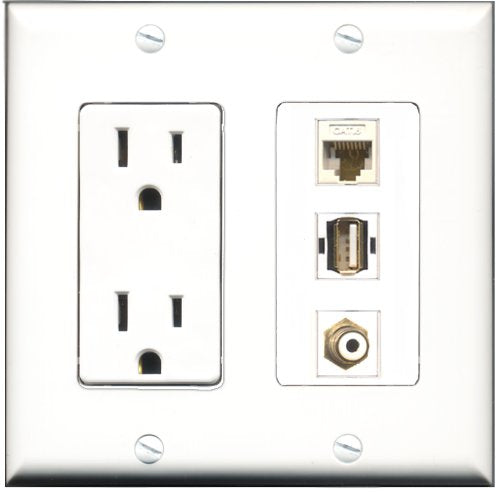 RiteAV - 15 Amp Power Outlet 1 Port RCA White 1 Port RCA Yellow 1 Port USB A-A Decorative Wall Plate