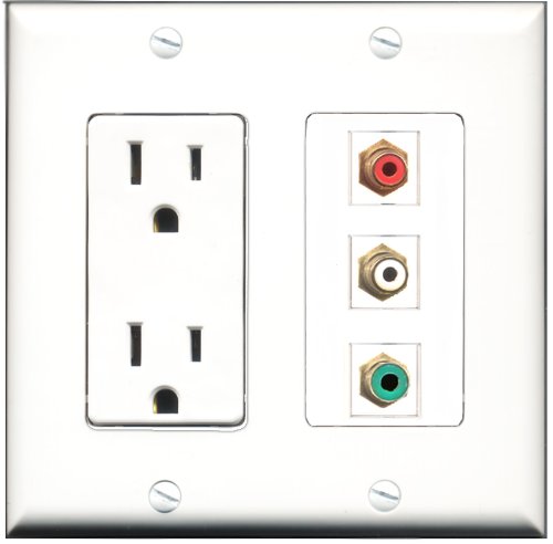 RiteAV - 15 Amp Power Outlet 1 Port RCA Red 1 Port RCA White 1 Port RCA Green Decorative Wall Plate