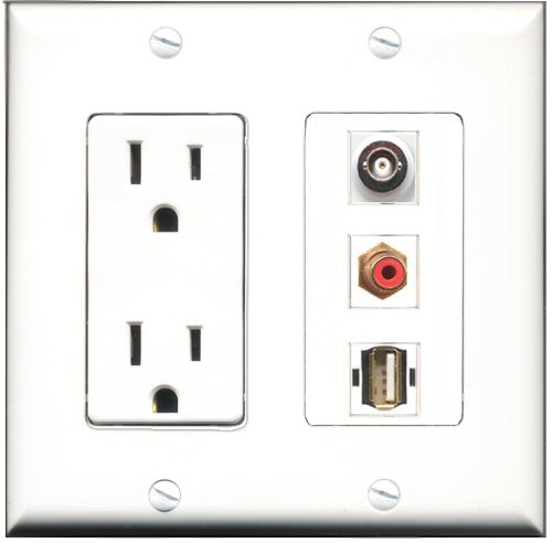 RiteAV - 15 Amp Power Outlet 1 Port RCA Red 1 Port USB A-A 1 Port BNC Decorative Wall Plate