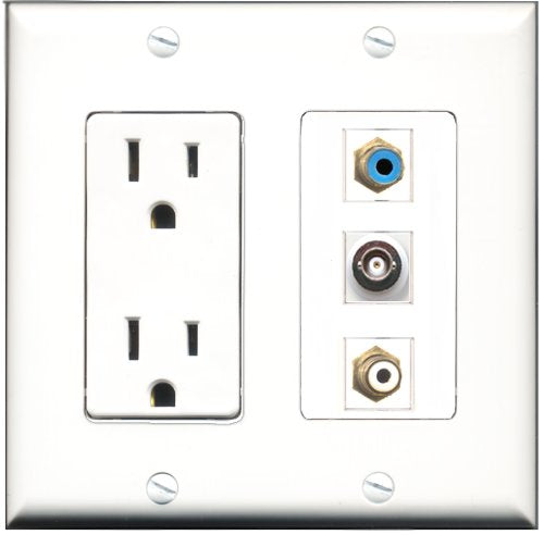 RiteAV - 15 Amp Power Outlet 1 Port RCA White 1 Port RCA Blue 1 Port BNC Decorative Wall Plate