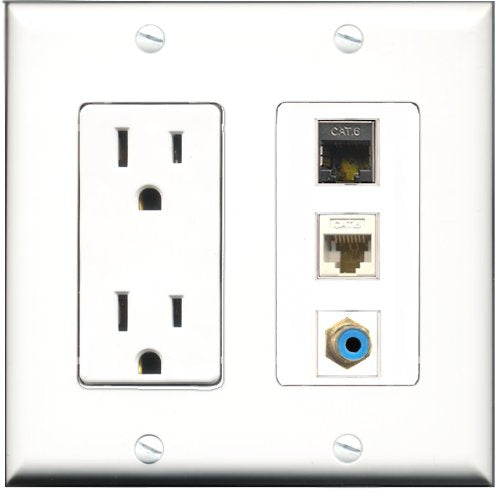 RiteAV - 15 Amp Power Outlet 1 Port RCA Blue 1 Port Shielded Cat6 Ethernet Ethernet 1 Port Cat6 Ethernet Ethernet White Decorative Wall Plate