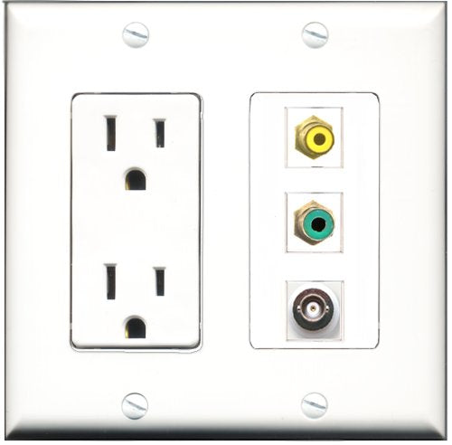 RiteAV - 15 Amp Power Outlet 1 Port RCA Yellow 1 Port RCA Green 1 Port BNC Decorative Wall Plate