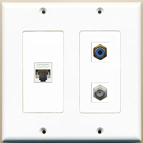 RiteAV - 1 Port RCA Blue 1 Port Coax Cable TV- F-Type 1 Port Cat5e Ethernet White - 2 Gang Wall Plate