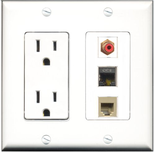 RiteAV - 15 Amp Power Outlet 1 Port RCA Red 1 Port Phone Beige 1 Port Shielded Cat6 Ethernet Ethernet Decorative Wall Plate