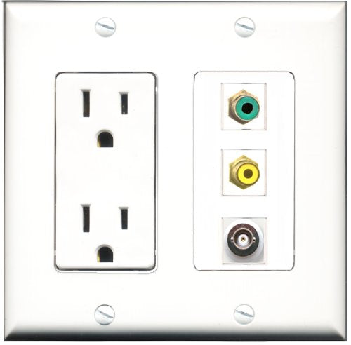 RiteAV - 15 Amp Power Outlet 1 Port RCA Yellow 1 Port RCA Green 1 Port BNC Decorative Wall Plate