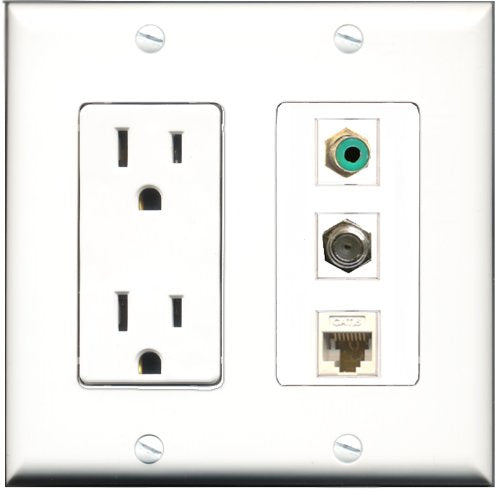 RiteAV - 15 Amp Power Outlet 1 Port RCA Green 1 Port Coax 1 Port Cat6 Ethernet Ethernet White Decorative Wall Plate