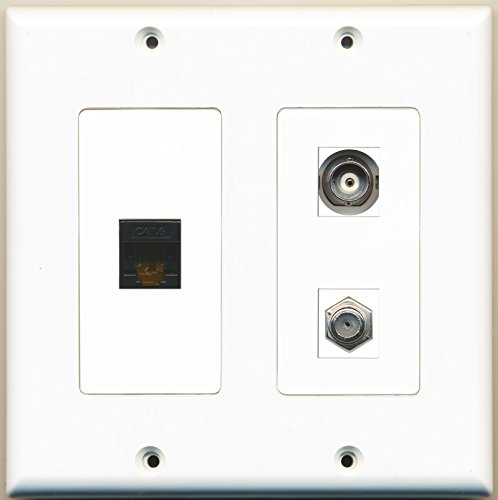 RiteAV - 1 Port Coax Cable TV- F-Type 1 Port BNC 1 Port Cat6 Ethernet Black - 2 Gang Wall Plate