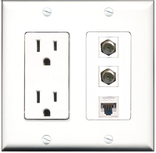 RiteAV - 15 Amp Power Outlet 2 Port Coax 1 Port Cat5e Ethernet White Decorative Wall Plate