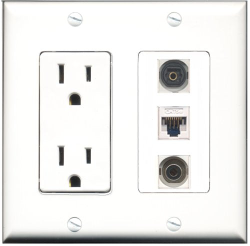 RiteAV - 15 Amp Power Outlet 1 Port Toslink 1 Port 3.5mm 1 Port Cat5e Ethernet White Decorative Wall Plate