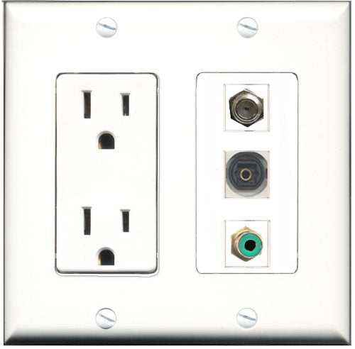 RiteAV - 15 Amp Power Outlet 1 Port RCA Green 1 Port Coax 1 Port Toslink Decorative Wall Plate