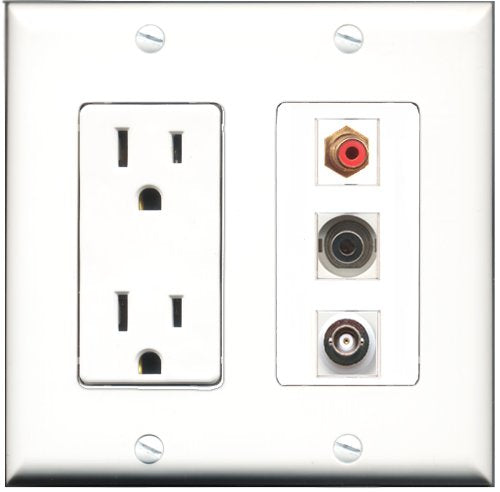 RiteAV - 15 Amp Power Outlet 1 Port RCA Red 1 Port 3.5mm 1 Port BNC Decorative Wall Plate