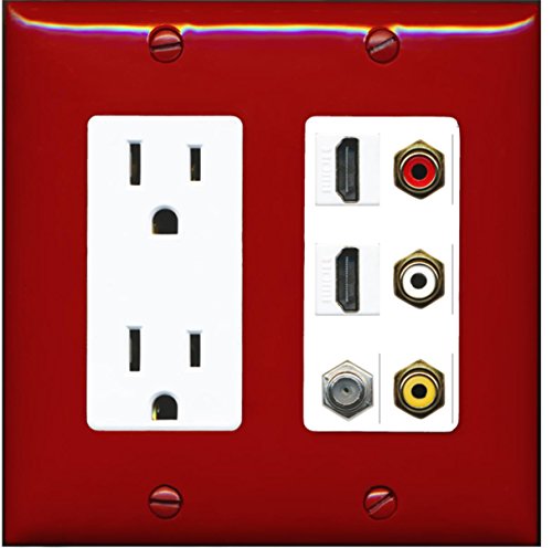 RiteAV - 2 x 15 Amp 125V Power Outlet 3 x RCA - 2 X HDMI and 1 x Coax Cable TV Port Wall Plate - Red/White