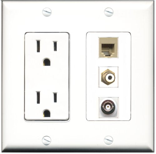 RiteAV - 15 Amp Power Outlet 1 Port RCA White 1 Port Phone Beige 1 Port BNC Decorative Wall Plate