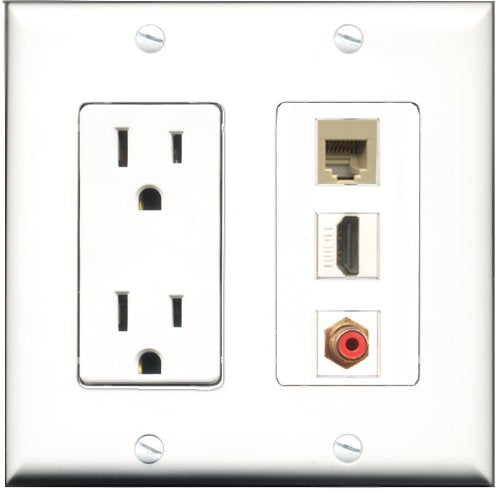 RiteAV - 15 Amp Power Outlet 1 Port HDMI 1 Port RCA Red 1 Port Phone Beige Decorative Wall Plate