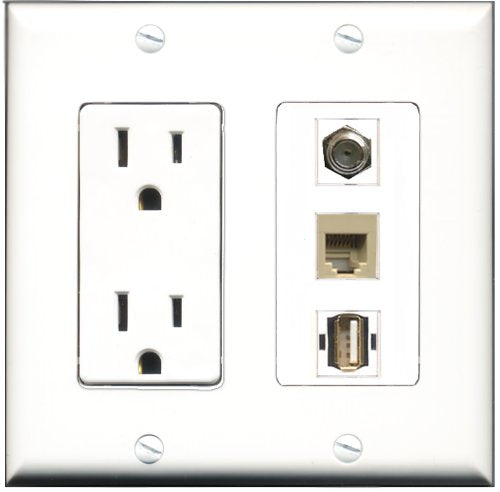 RiteAV - 15 Amp Power Outlet 1 Port Coax 1 Port USB A-A 1 Port Phone Beige Decorative Wall Plate