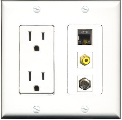 RiteAV - 15 Amp Power Outlet 1 Port RCA Yellow 1 Port Coax 1 Port Shielded Cat6 Ethernet Ethernet Decorative Wall Plate