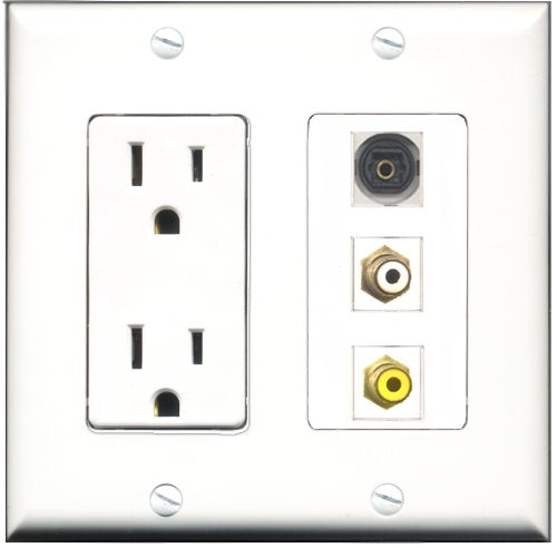 RiteAV - 15 Amp Power Outlet 1 Port RCA White 1 Port RCA Yellow 1 Port Toslink Decorative Wall Plate