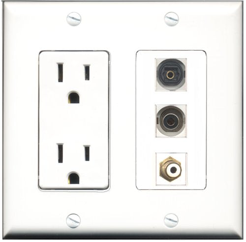 RiteAV - 15 Amp Power Outlet 1 Port RCA White 1 Port Toslink 1 Port 3.5mm Decorative Wall Plate